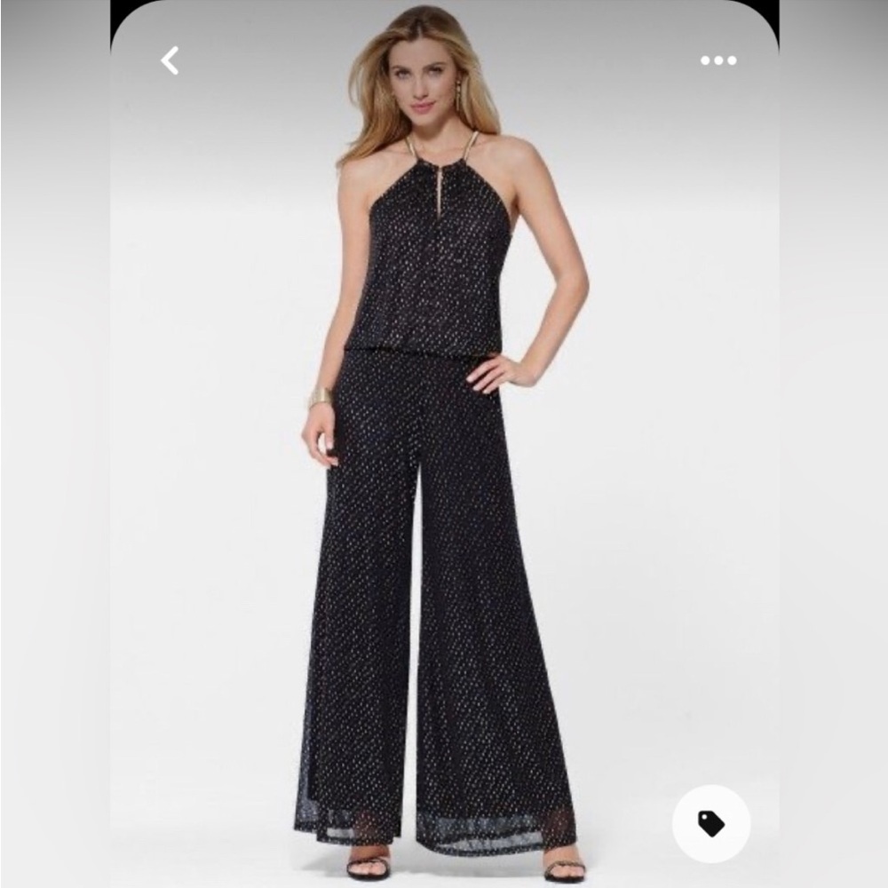 NWT Cache Y2k Halter Black Evening wide leg Jumpsuit Metallic Embellishment goth